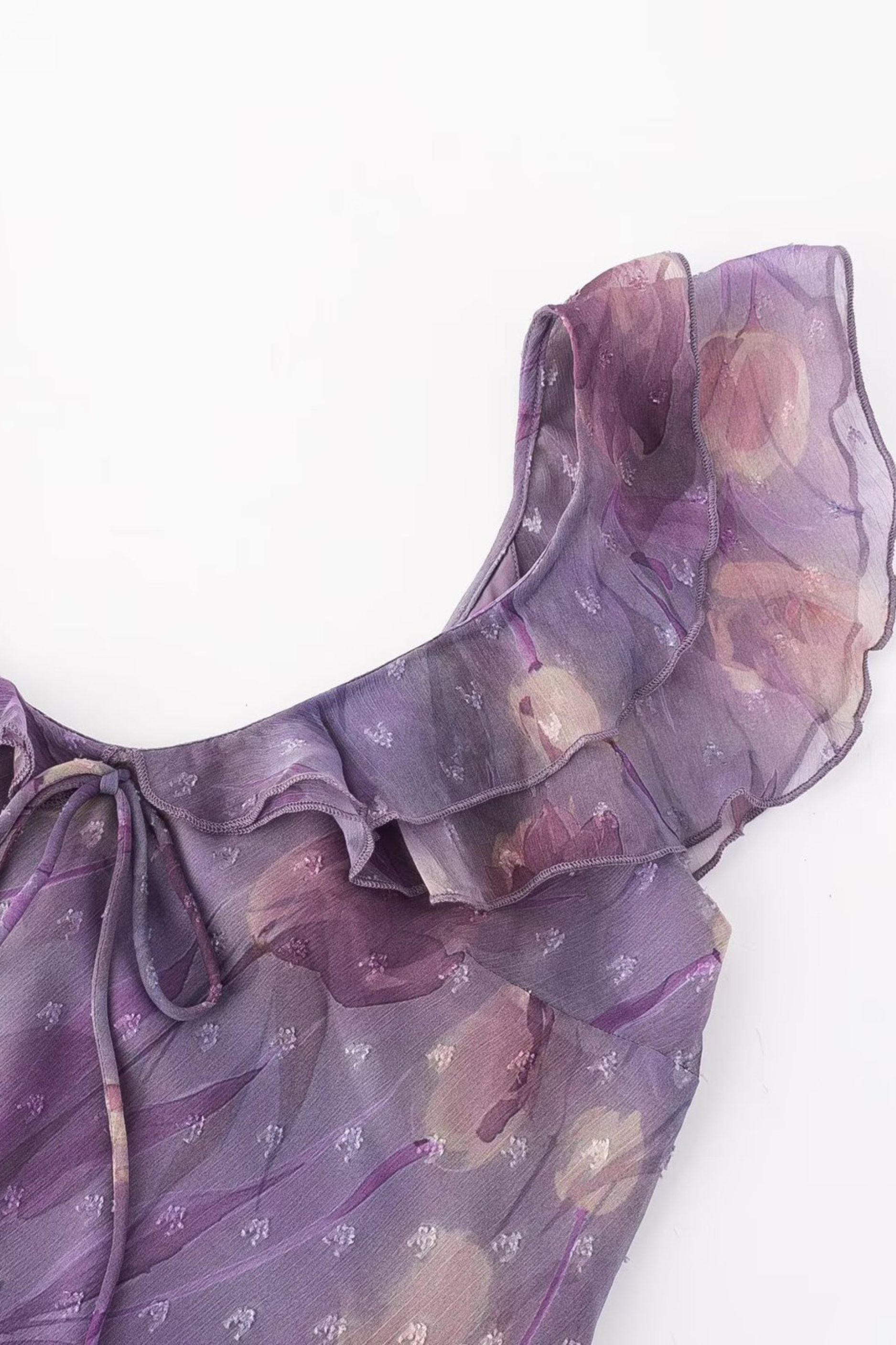 Enchanted Violet Floral Ruffle Maxi Dress