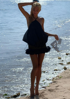 Noir Whisper Backless Ruffle Mini Dress