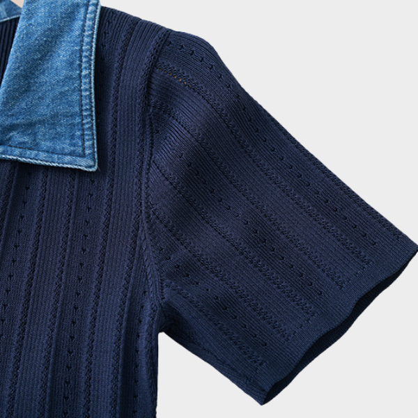 Denim Collar Buttoned Knit Maxi Dress