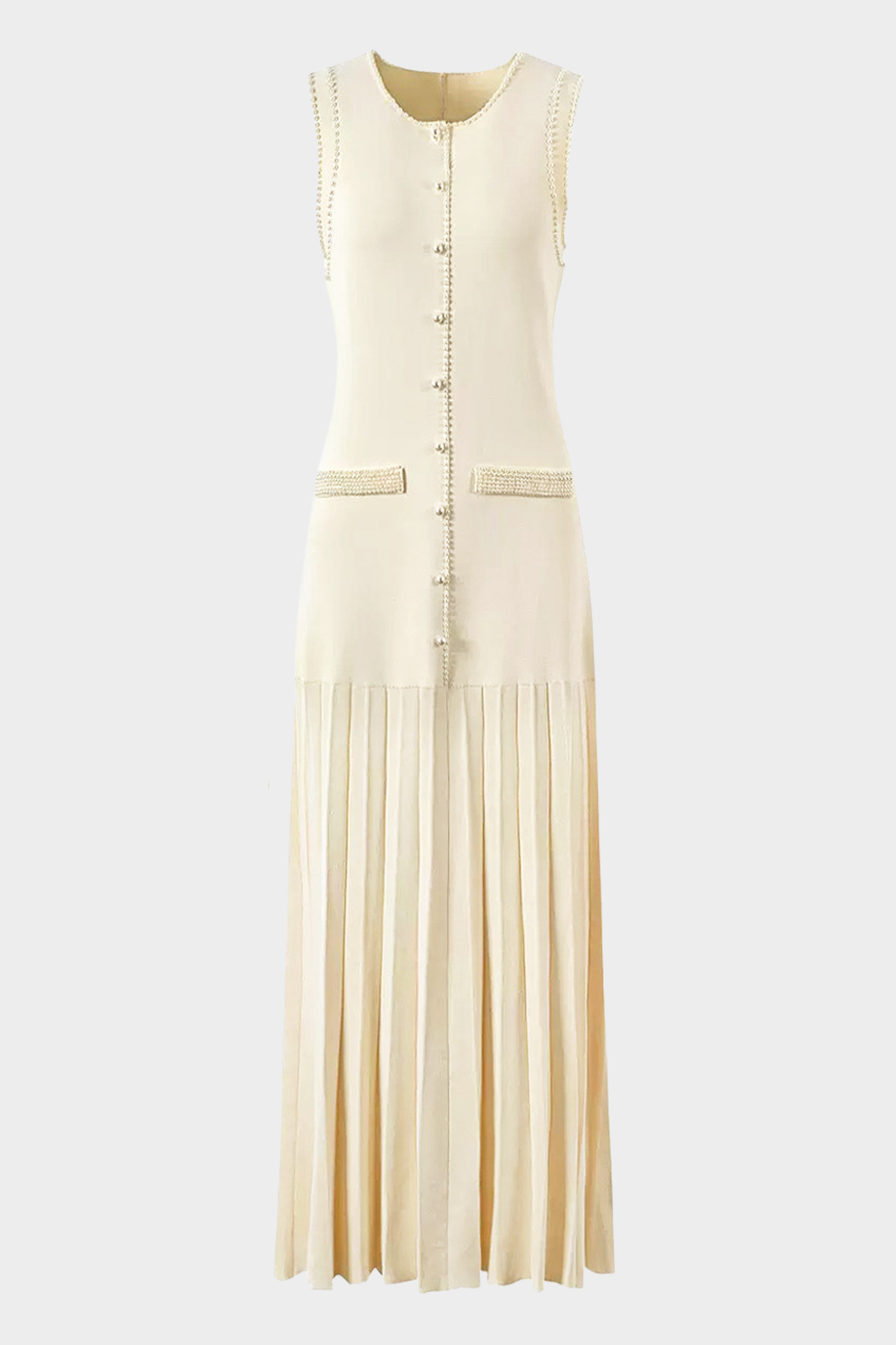 Noir Pearl Accent Pleated Knit Maxi Dress