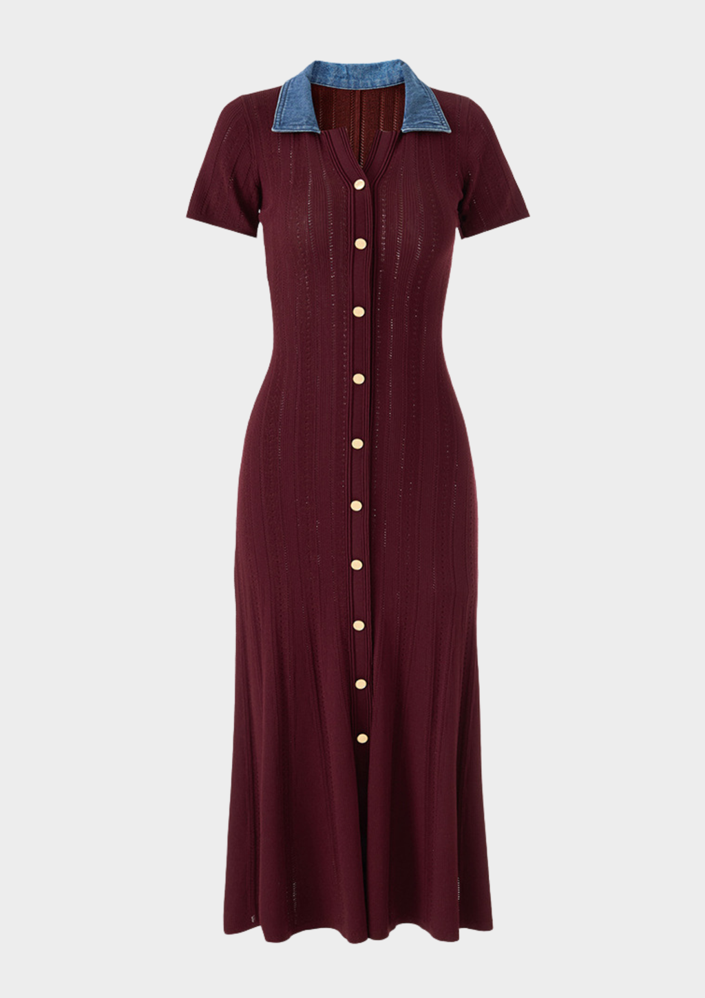 Denim Collar Buttoned Knit Maxi Dress