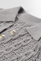 Pearl Lace-Trim Crochet Knit Polo Top