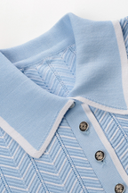 Skyline Chevron Viscose Polo Knit  Light Blue Textured Top