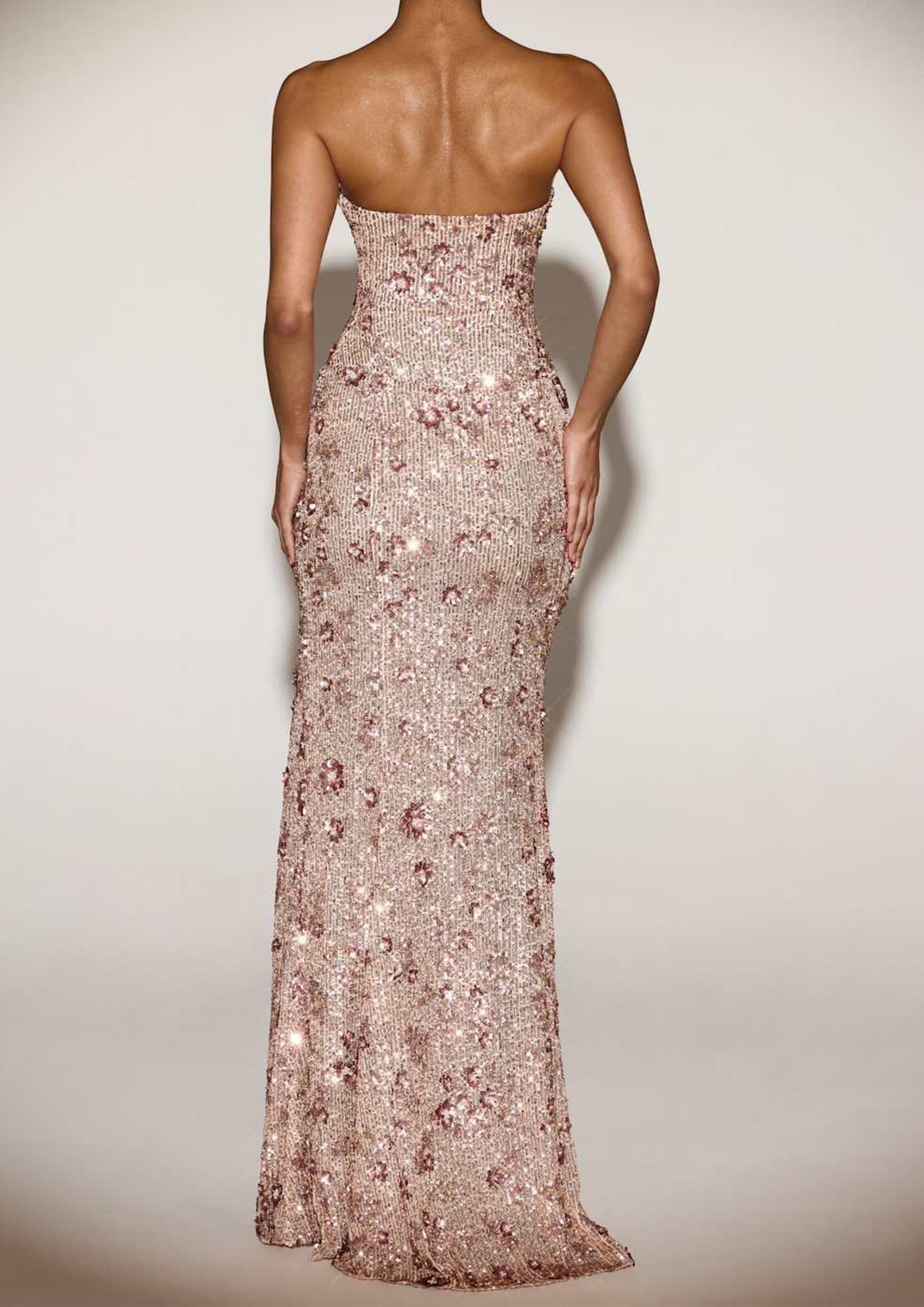 Liana Sequin Spark Slit Strapless Maxi Dress