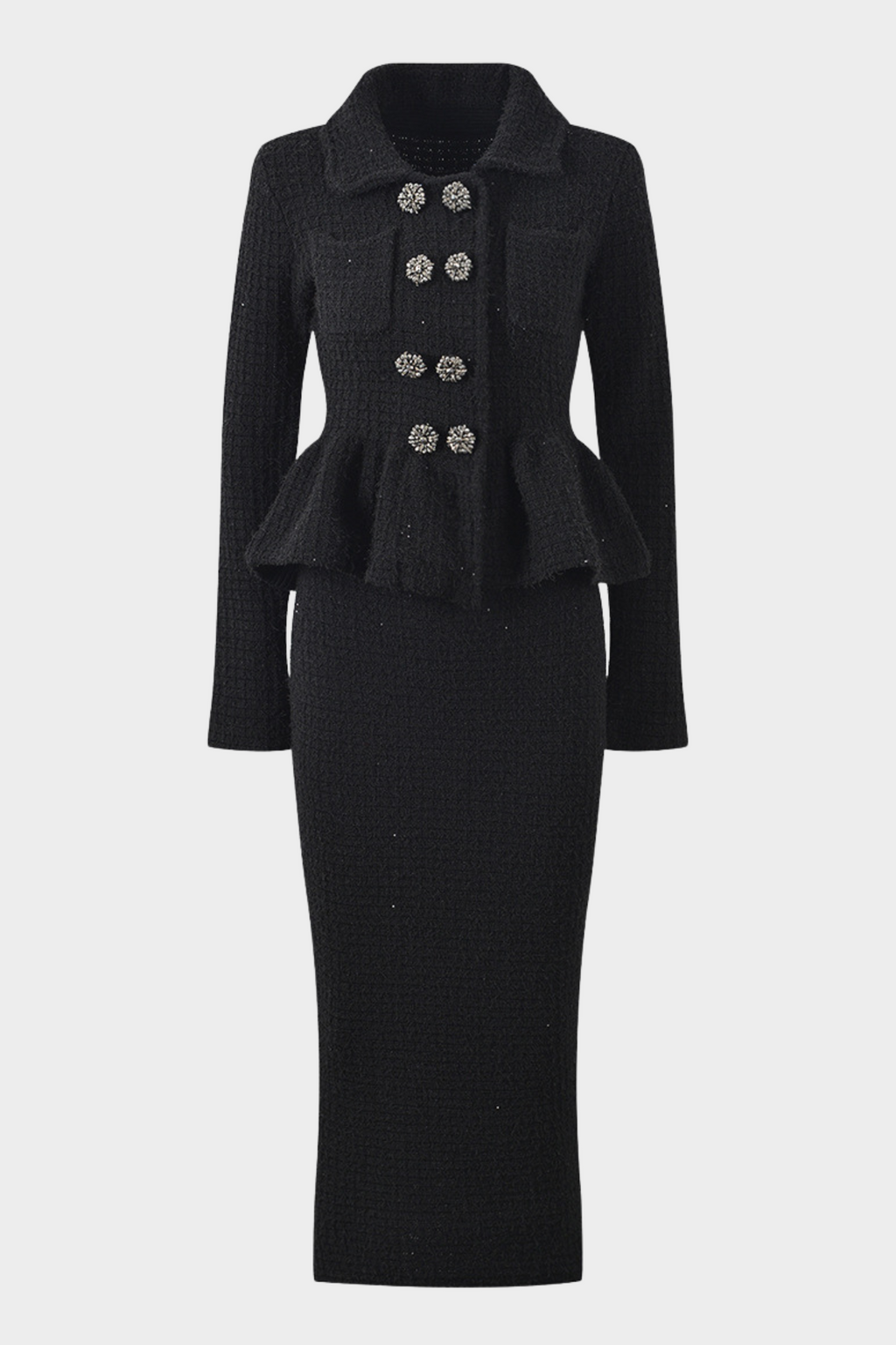 Classic Noir Ruffle Sequin Knit Maxi Dress