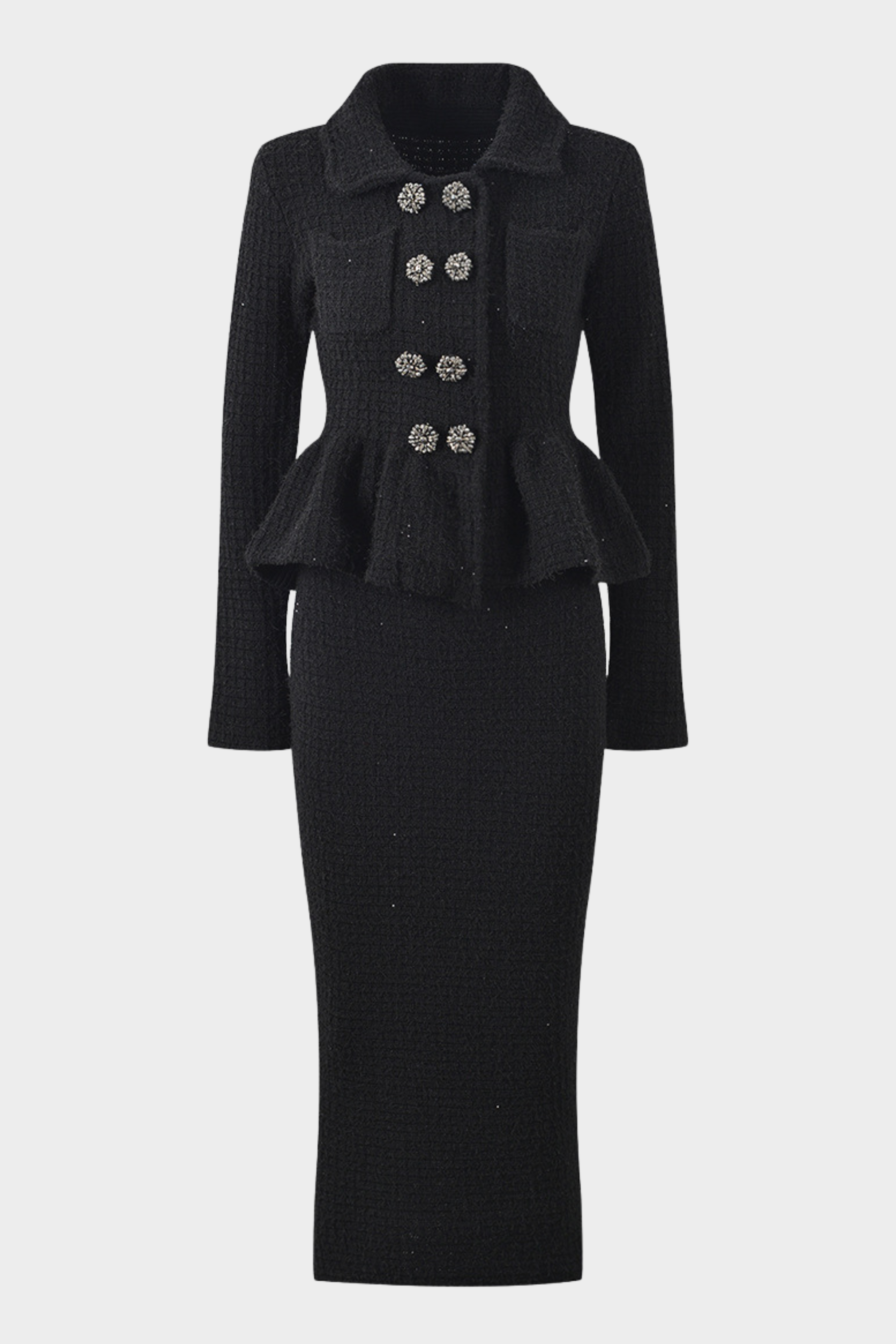 Classic Noir Ruffle Sequin Knit Maxi Dress