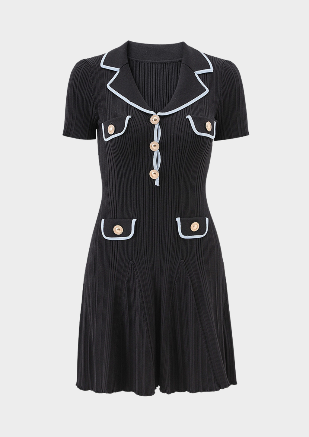 Siena  Knit Buttoned Flare Mini Dress - Navy