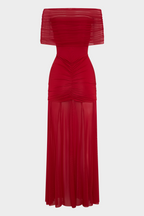 Scarlet Serenity Off Shoulder Ruched Mesh Maxi Dress