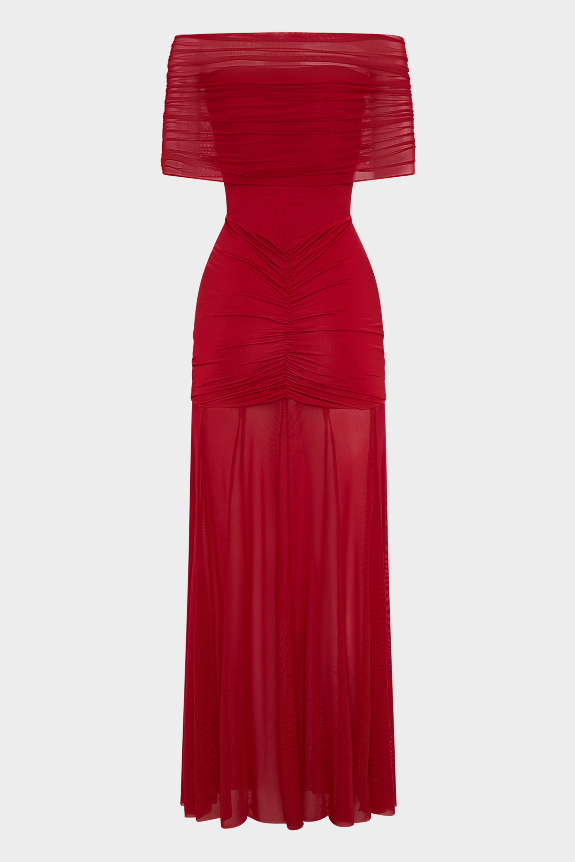 Scarlet Serenity Off Shoulder Ruched Mesh Maxi Dress