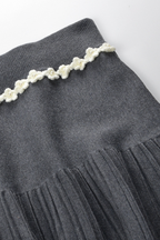 Grey Pleated Mini Skirt with Pearl Flower Waistline