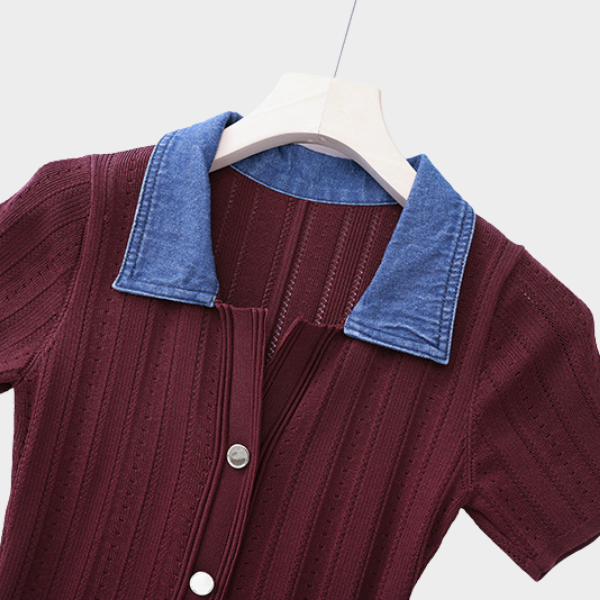 Denim Collar Buttoned Knit Maxi Dress