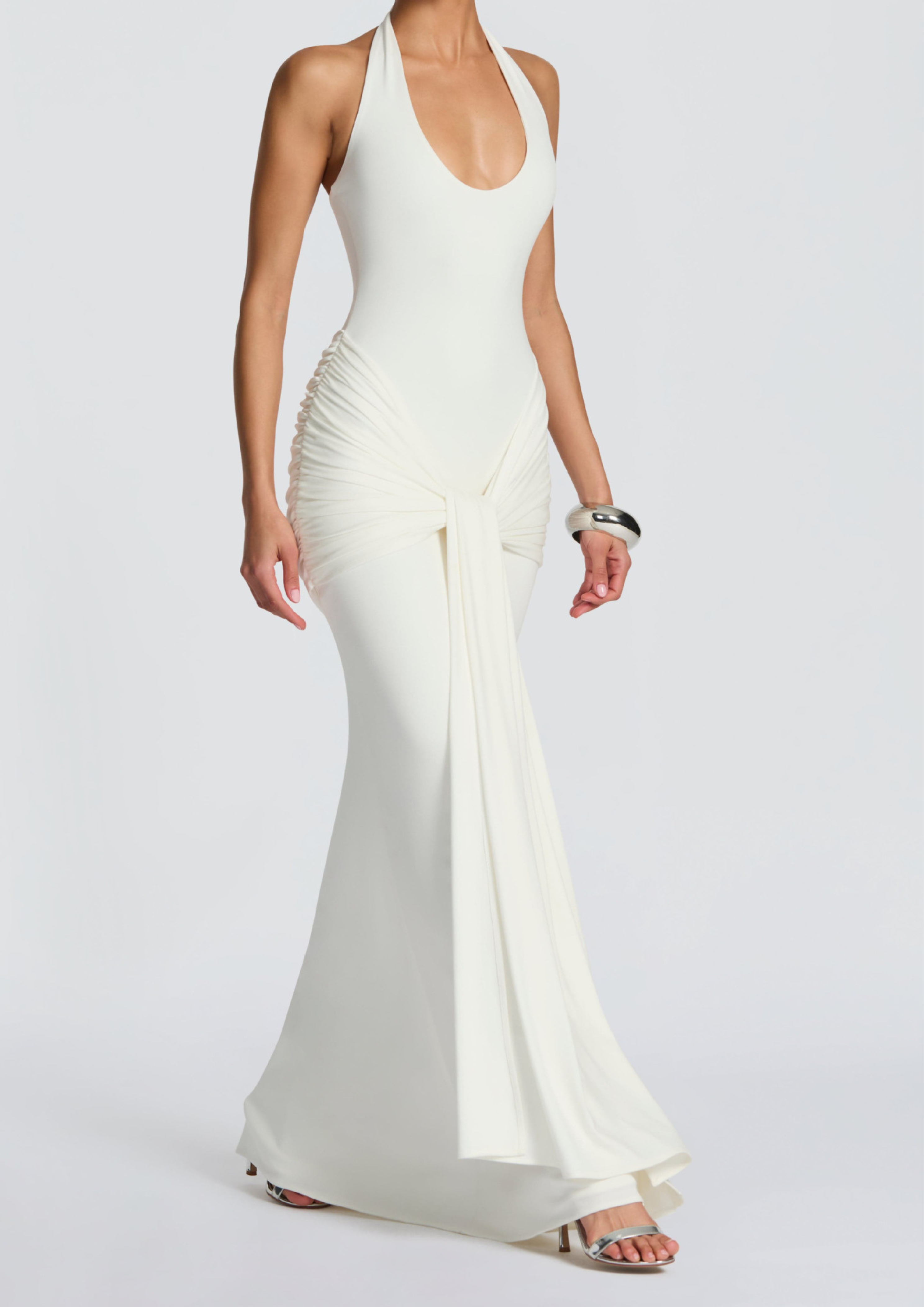 Mesh Fishtail Backless Halter Maxi Dress