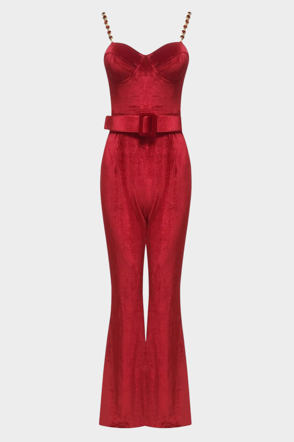 Ruby Elegance  Velvet Belted Jumpsuit
