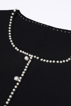Noir Pearl Accent Pleated Knit Maxi Dress