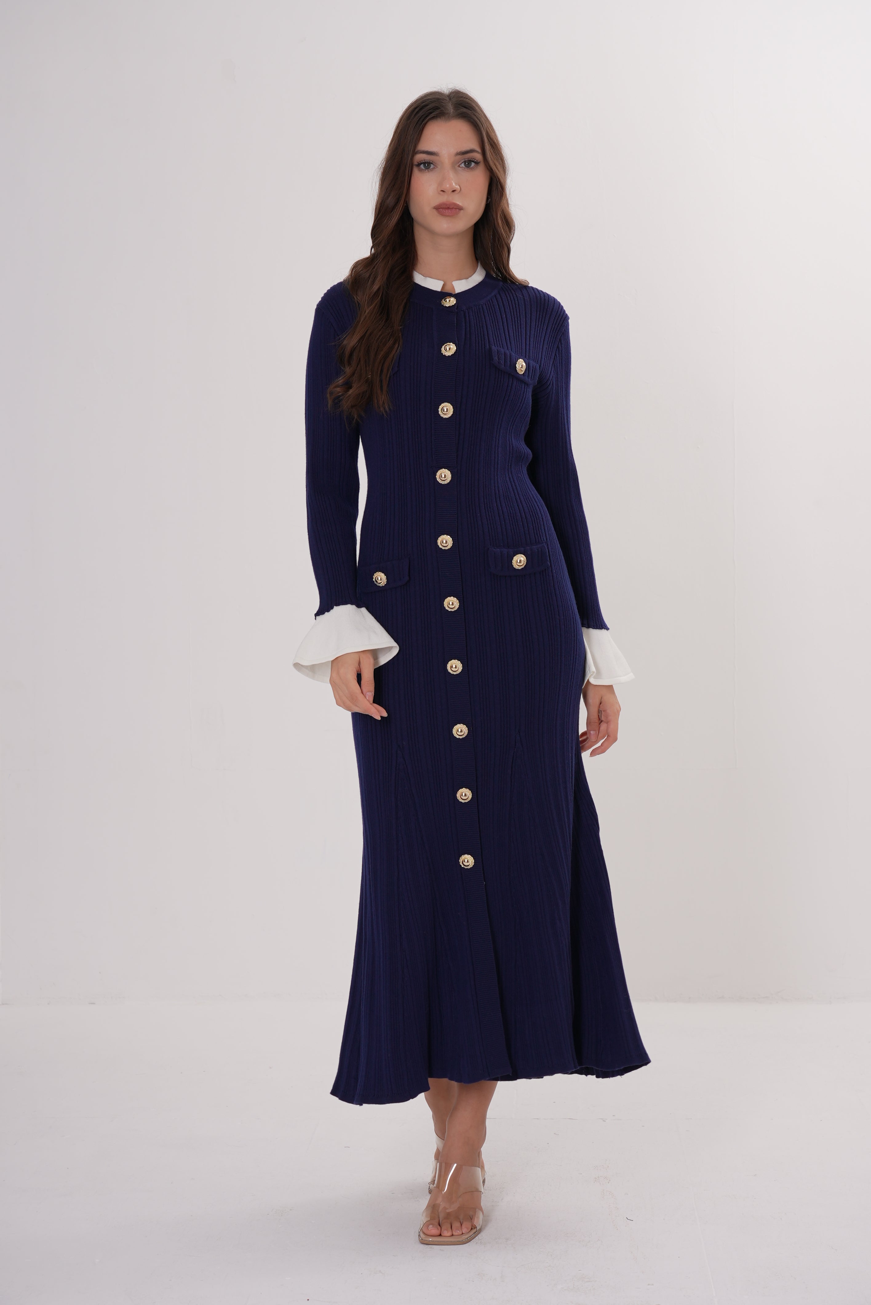 Majestic Knit Contrast Cuffs Sculpted Waist  Maxi Dress