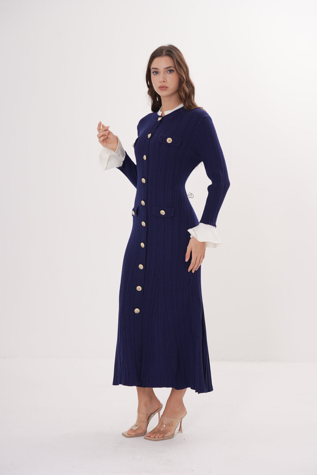 Majestic Knit Contrast Cuffs Sculpted Waist  Maxi Dress