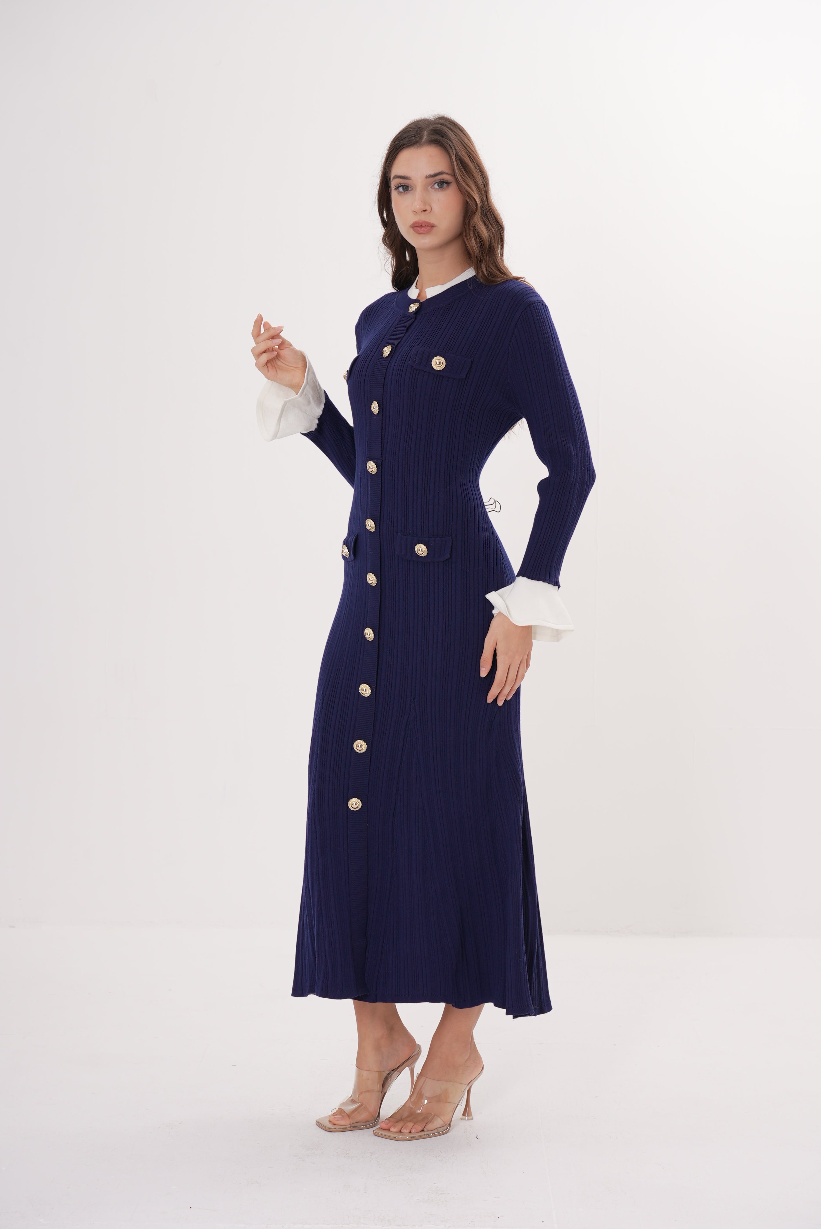 Majestic Knit Contrast Cuffs Sculpted Waist  Maxi Dress
