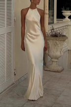 Champagne Ivory Luxury Satin Backless Maxi Dress
