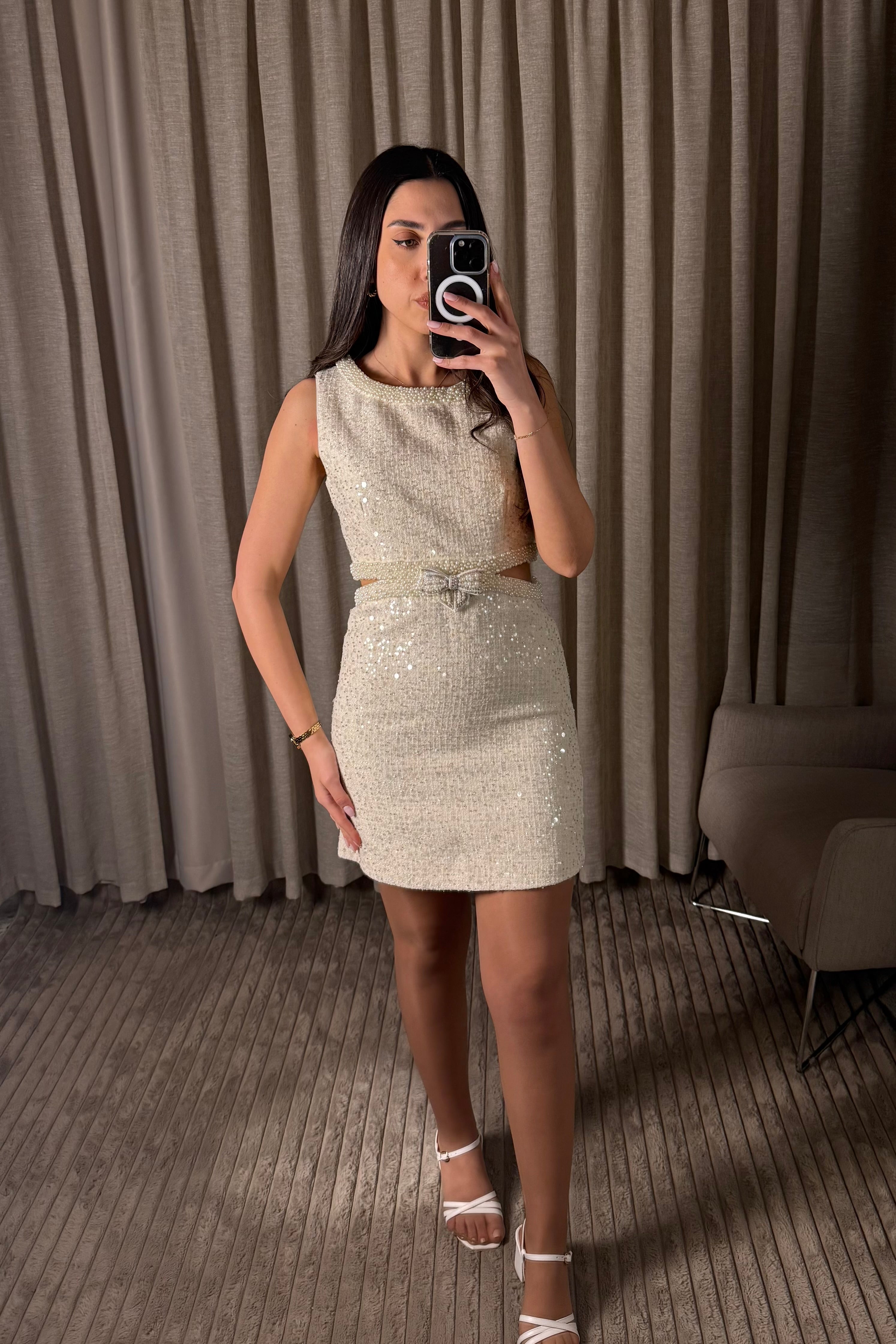 Serene Shine Pearl Sequin Bow Open Waist Mini Dress