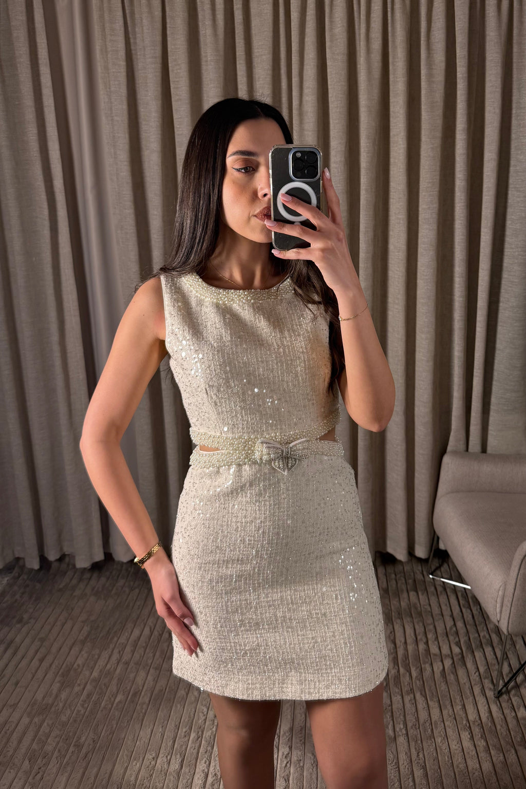 Serene Shine Pearl Sequin Bow Open Waist Mini Dress