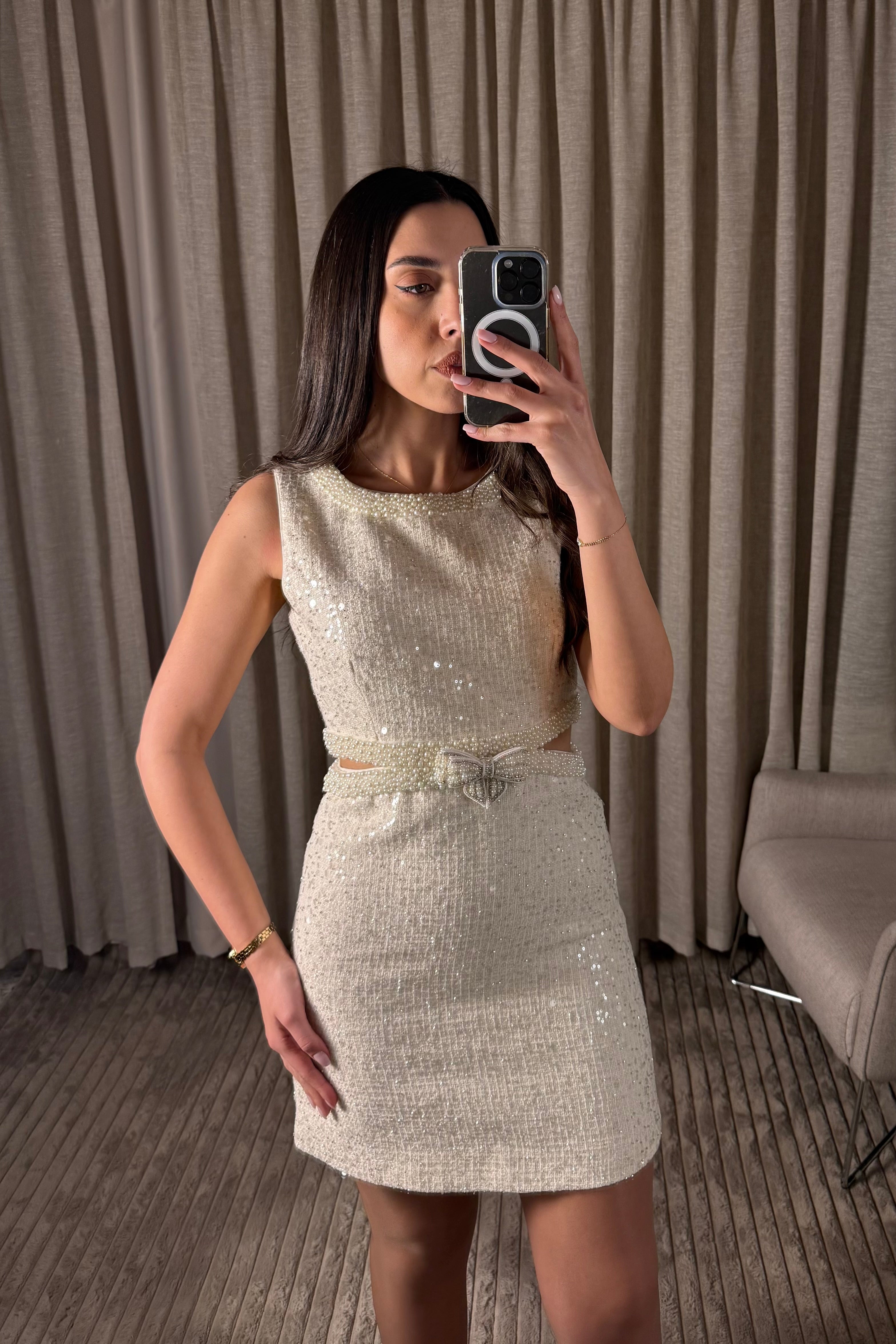 Serene Shine Pearl Sequin Bow Open Waist Mini Dress