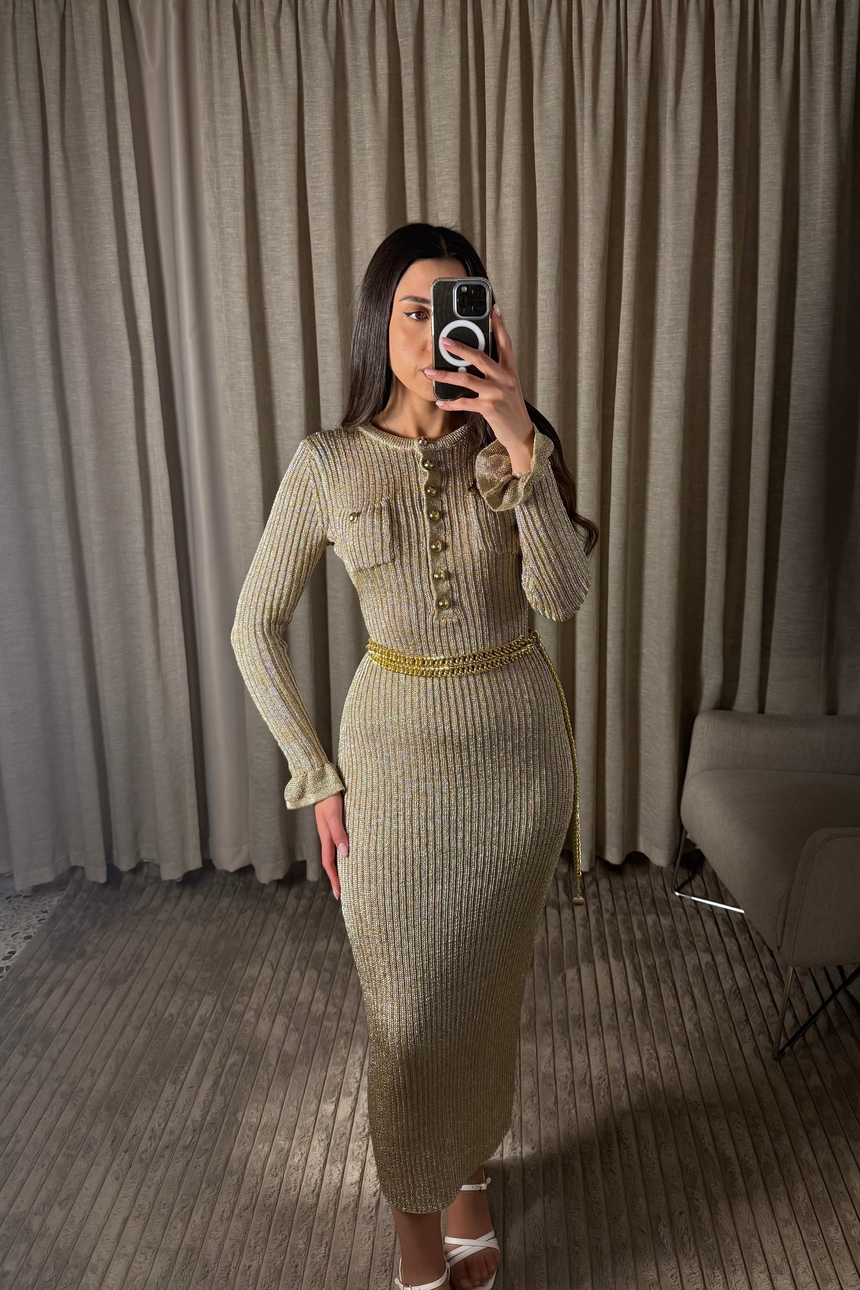 Golden Sand Chain Ribbed Knit Maxi Dress