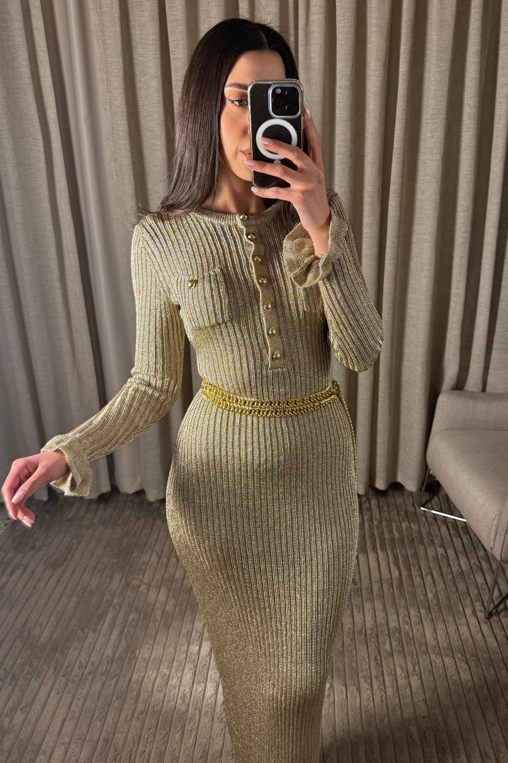 Golden Sand Chain Ribbed Knit Maxi Dress