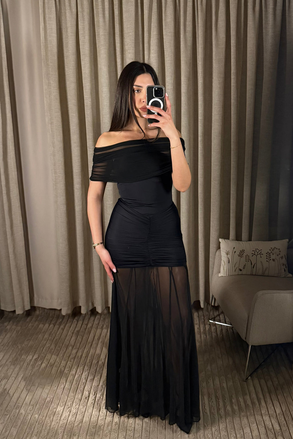 Katie Mesh Ruched Off Shoulder Sheer Maxi Dress