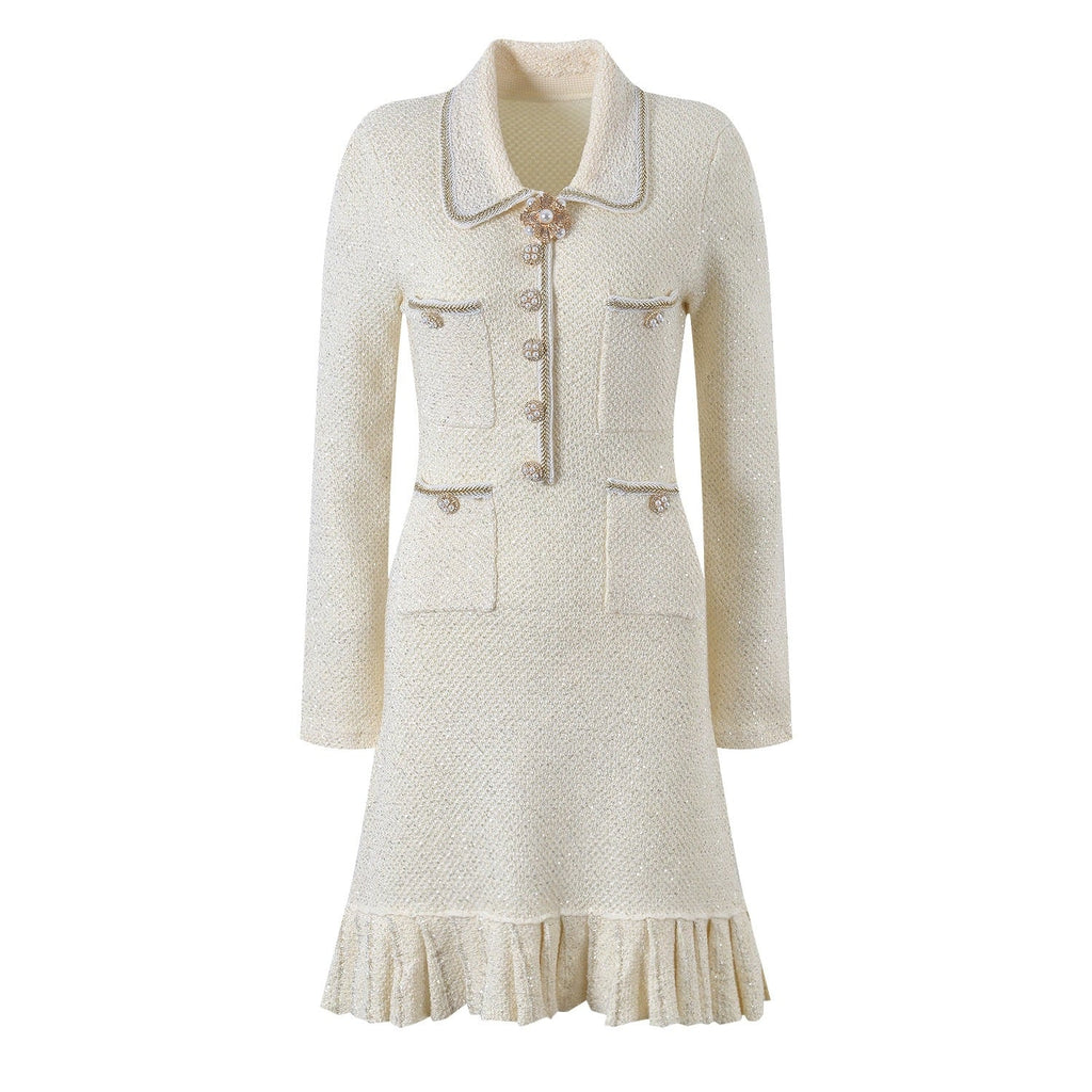 Marina Luxe Wool Knit Sequin Ruffle Mini Dress