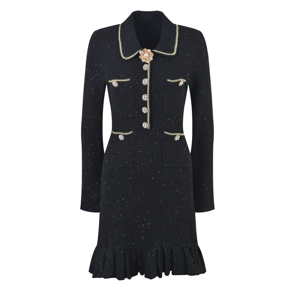 Marina Luxe Wool Knit Sequin Ruffle Mini Dress