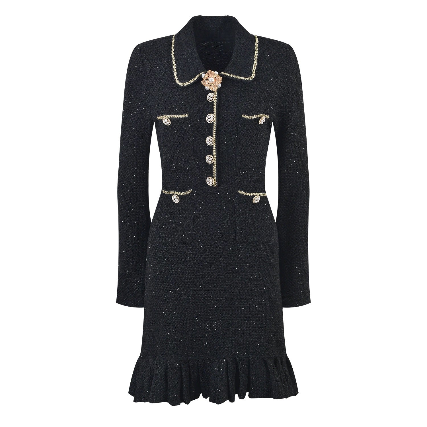 Marina Luxe Wool Knit Sequin Ruffle Mini Dress